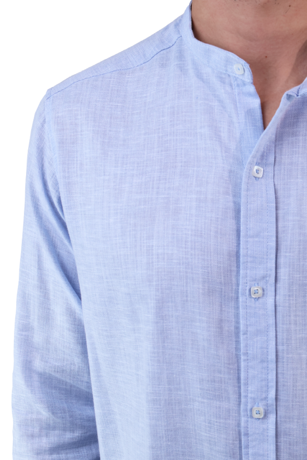 Camisa Manga Larga Azul Slim Fit Cuello Mao Textura Lino Para Hombre